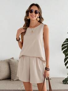 EMERY ROSE 2pcs/Set Women's Solid Color Crew Neck Sleeveless Top And Shorts Set - Khaki - View 3