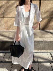 FRIFUL Set de 2 piezas con chaqueta y falda para mujer con bordado y calado - Blanco - Ver 2