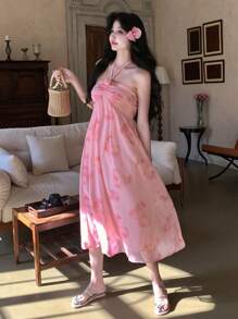 DAZY 女式全花卉印花中长领系带休闲连衣裙太阳裙