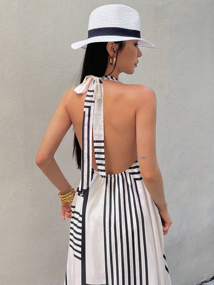 Floral Backless Halter Dress, Boho Style Vacation Sleeveless Long Dress For Women, Summer Sundress,Casual Women Dresses Cruise Outfit For Women