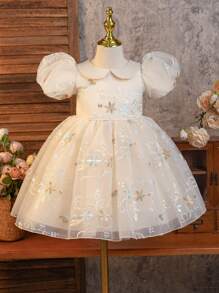 SHEIN Glamorique Kids 年轻女孩四季花卉腰部泡泡袖网眼泡泡袖优雅派对连衣裙，适合春假 - 香檳色 - 查看 4