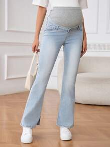 SHEIN Quần jean bầu ống loe có túi, cạp điều chỉnh được, thích hợp cho mùa hè. - Rửa nhẹ - Xem 3