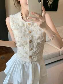 DAZY 1 件女式无袖流苏毛茸茸背心，约会之夜外出上衣 - 米色 - 查看 10