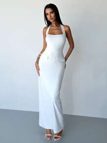 Aloruh 女士休闲日常装立领系带修身直筒长款白色连衣裙 - 白色 - 查看 1
