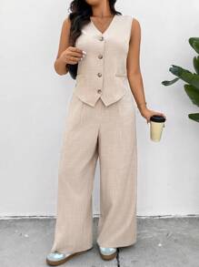 SHEIN Frenchy Conjunto de 2 piezas para mujer talla grande: chaleco tipo blazer de moda y pantalones casuales, color albaricoque