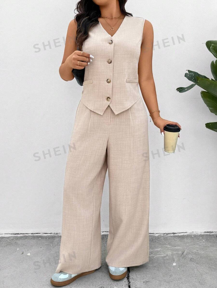 SHEIN Frenchy Conjunto de 2 piezas para mujer talla grande: chaleco tipo blazer de moda y pantalones casuales, color albaricoque