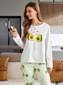 CoupledUp Conjunto de pijama con estampado de aguacate de dibujos animados para mujer, top y pantalón