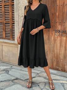 EMERY ROSE Women V-Neck Pleated Simple Casual Mid-Long Dress - Black - View 6