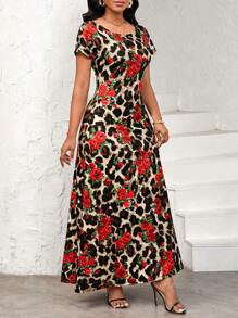 SHEIN Lady Women's Leopard Floral Print Round Neck Short Sleeve Dress, Elegant - Multicolor - View 3