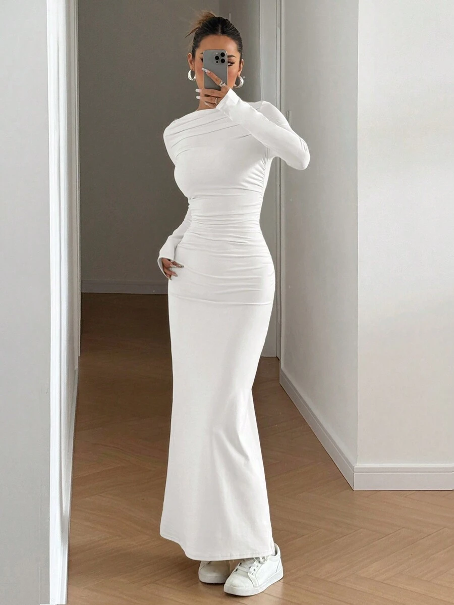SHEIN EZwear Đầm dài tay dài xếp nếp màu trơn thanh lịch cho nữ - trắng - Xem 1
