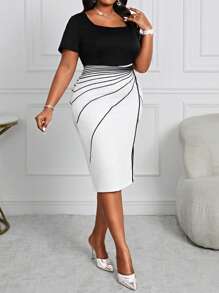 Fleurora 大码女式夏季商务专业拼色领口开衩紧身连衣裙 - 黑與白 - 查看 3