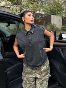 Muchica Camiseta polo de mujer de manga corta con botones delanteros, desgastada y lavada con ácido, de corte holgado - Negro - Ver 6