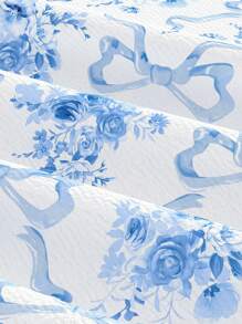 SHEIN MOD Blouse romantique et mignonne pour femme avec motif en porcelaine bleu et blanc, garniture en dentelle et décoration de nœud