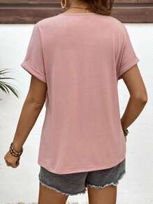 SHEIN 孕妇圆领短袖刺绣休闲上衣 - 粉色 - 查看 2