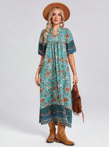 SHEIN LUNE 立领 V 领灯笼袖褶饰高低下摆度假优雅女士长裙带印花