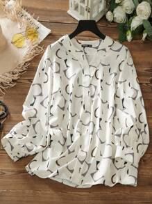 Lacomfia Elegant V-Neck Digital Print Plus Size Shirt