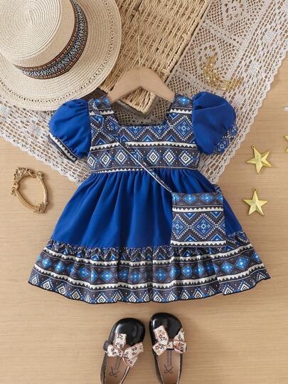 SHEIN مجموعة من قطعتين بفستان أنيق طراز أميرة للبنت الصغيرة بياقة مربعة وأكمام منتفخة بطباعة مربعات كلاسيكية، مع سحاب مخفي وحقيبة مطابقة، مريح وعصري للربيع/الصيف/الخريف