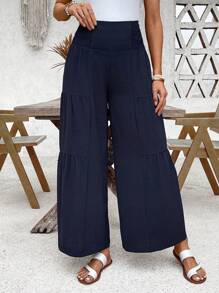SHEIN LUNE Women's Solid Color Pleated Minimalist Straight Leg Pants, Casual Daily Wear - Navy Blue - View 5