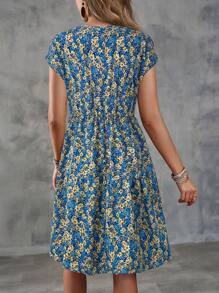 EMERY ROSE 女款花卉印花圓領蝙蝠袖休閒波希米亞風洋裝，適合度假、夏季洋裝、春季服飾，度假藍色花卉 - 彩色 - 查看 2