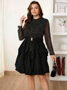 SHEIN Frenchy Women's Plus Size Sparkling Mesh Long Sleeve Ruffle Wrap Dress - Black - View 6