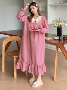 DAZY Jolie chemise de nuit à manches volantées à carreaux avec volants - Rouge - Voir 6