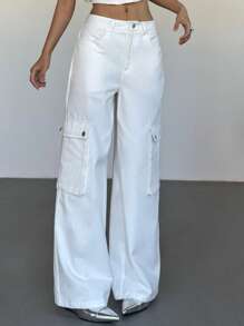 SHEIN EZwear Women's Solid Color Front Button Pocket Casual Cargo Pants