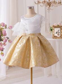 SHEIN Glamorique Kids Elegant Girl's Jacquard Midi Skirt Set With Satin Sleeveless Top, Suitable For Daily, Party, Event Wear To Show Graceful Lady-Like Charm, Summer