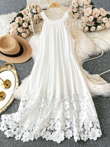 Flirla Plus Size Women Contrast Lace V-Neck Dress - White - View 1