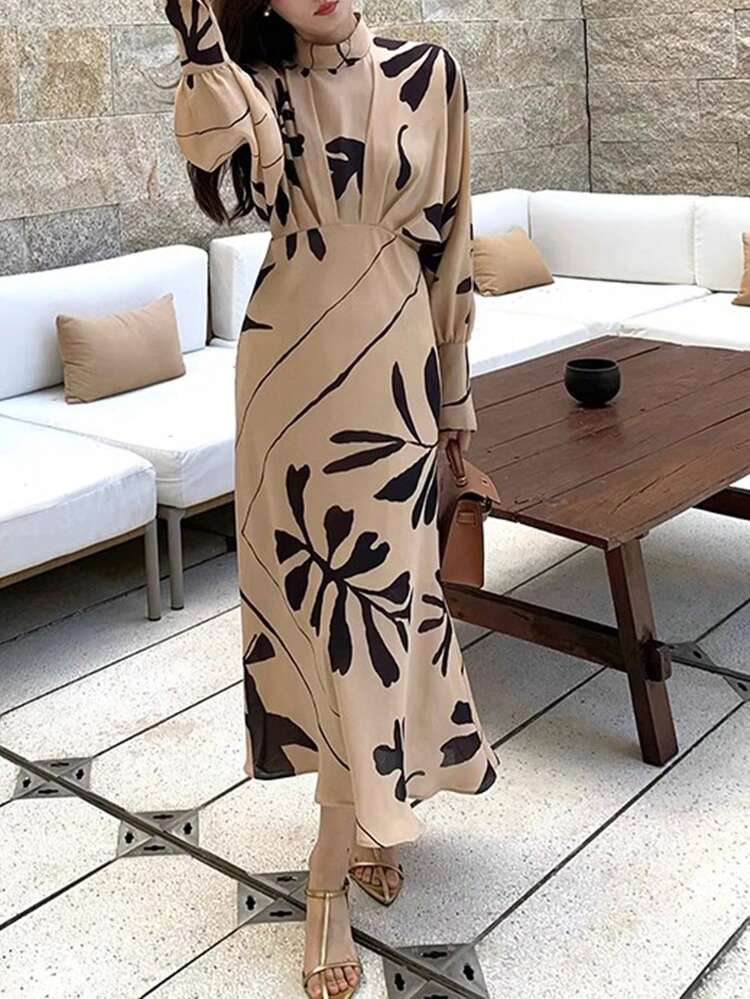 Women's Floral Print Stand Collar Lantern Sleeve Mid-Calf Dress, Khaki, Spring-Summer-Autumn Long Sleeve Dress