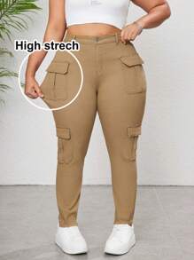 SHEIN CURVE+ Women's Plus Size Khaki Jeans High Stretch Denim Comfortable And Versatile Cargo Pocket Spring And Summer Jeans Slimming Tight Pants - Khaki - View 2