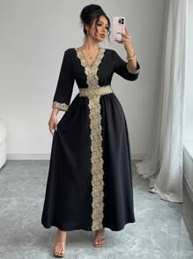 Elenzga V-Neck Elegant Patchwork Women Dress - Black and Gold - View 7