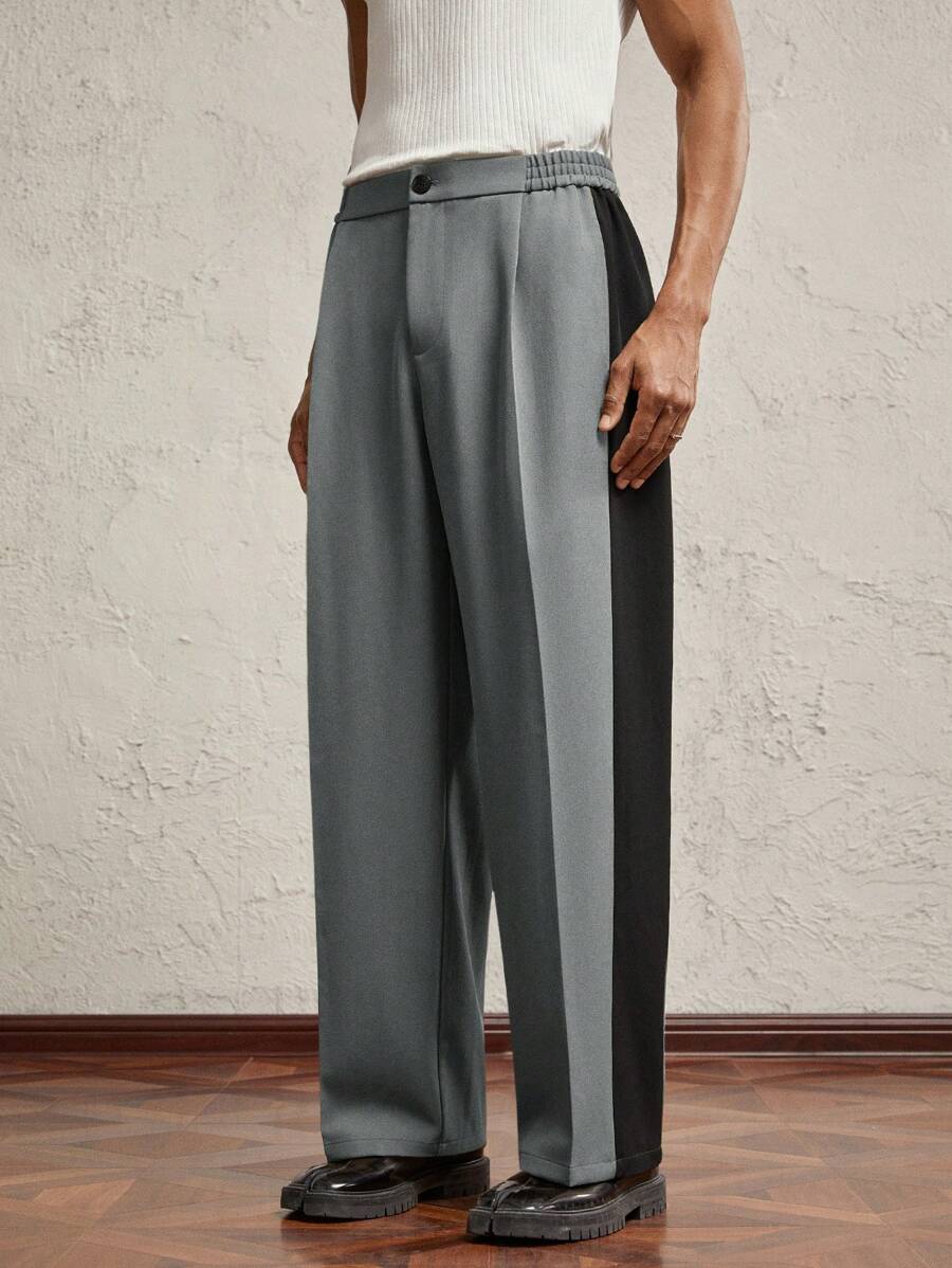 AKNOTIC Business Casual Pantalones casuales rectos relajados con cintura elástica y parches en gris y negro, uso diario, decoración con letras y metal, oficina