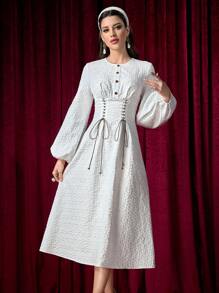 Modelyn Women's Front Button Long Sleeve Belted Elegant Mid-Length Dress - White - View 5