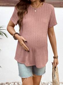 SHEIN Maternity Solid Color Round Neck Short Sleeve Casual T-Shirt - Pink - View 6