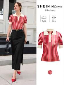 BizChic 女式条纹 Polo 领短袖毛衣，都市通勤商务休闲基本款上衣，秋冬优雅外套