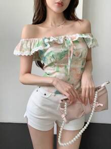 DAZY 花卉露肩短袖上衣，女士夏季度假扎染上衣邮轮女装，荷叶边，短款上衣，女士外出复活节上衣 - 綠色 - 查看 6