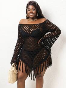 SHEIN Slayr CURVE Vestido capa de punto con hombros descubiertos y flecos de talla grande para el verano