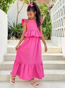 SHEIN Tween Girl Casual Backless Top And Skirt Set, Suitable For Daily, Streetwear, Party - Hot Pink - View 4