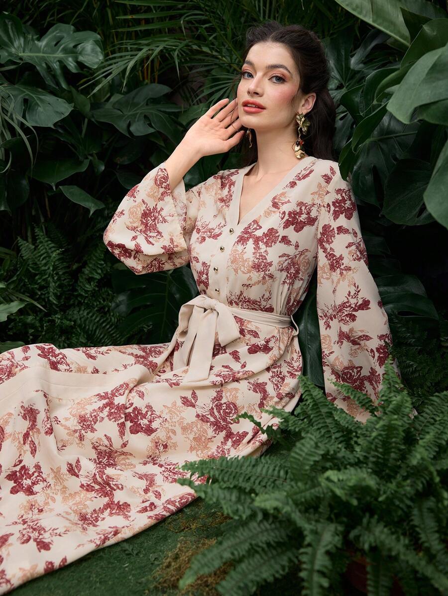 Graceveil 印花长袖收腰阿拉伯风格女式连衣裙 - 杏色 - 查看 1