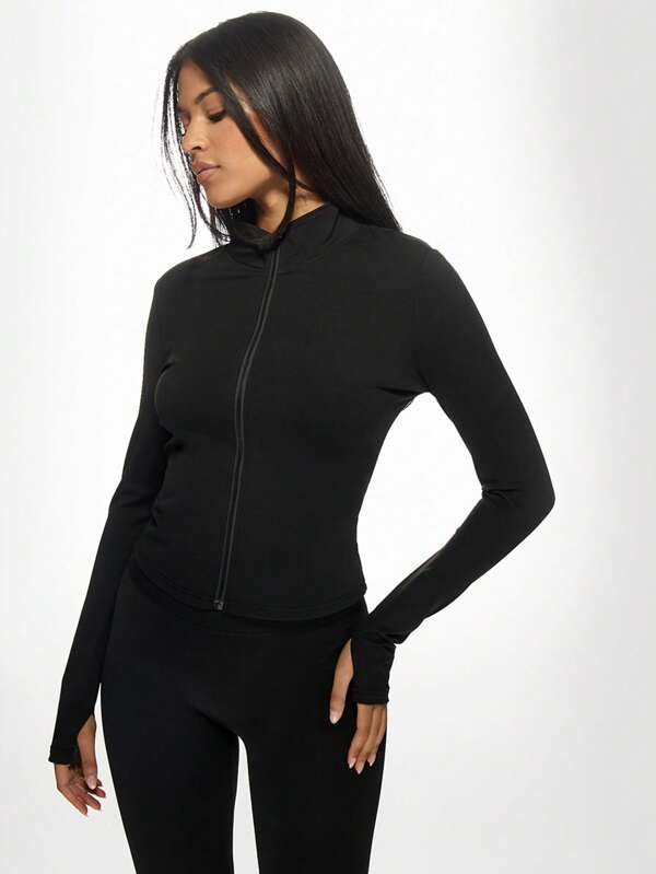 MISSGUIDED Performance Athletic Full Zip Training Jacket Moisture Wicking Workout Top Running Fitness Gym Activewear With Thumb Holes High Neck Form Fitting