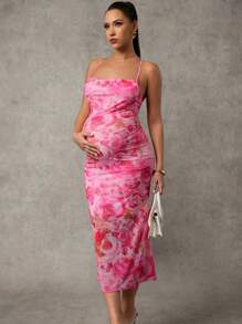 MaterniChic Elegant Floral Print Bodycon Maternity Dress - Black and White - View 3