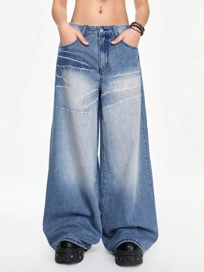 Grunge Punk Low Rise Loose Distressed Washed Straight Leg Jeans
