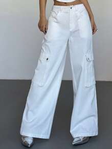 SHEIN EZwear Women's Solid Color Front Button Pocket Casual Cargo Pants