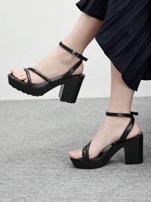 CUCCOO BIZCHIC Women's Fashionable Black Ankle Strap Minimalist Chunky Heel Comfortable Sandals, Suitable For Commuting, Date, Party, Holiday Spring Shoes Spring Break Easter - Black - View 4