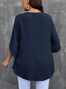 SHEIN LUNE 大码女式圆领短袖休闲宽松衬衫 - 藏蓝色 - 查看 2