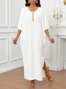 SHEIN Lady 金色织带领白色超长女式连衣裙