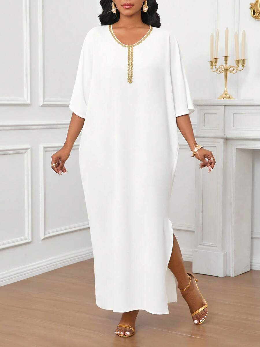 SHEIN Lady 金色织带领白色超长女式连衣裙