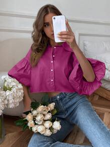 Aveloria Rosie Drop Bishop Sleeve Single Breasted Blouse   Old Money Style For Summer - Red - View 5