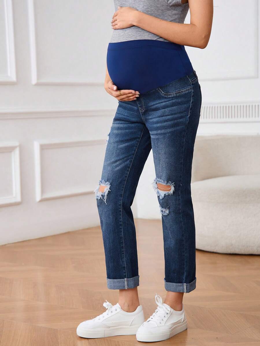 SHEIN Maternity Relaxed Fit Distressed High Waist Jeans - Dark Wash - View 1