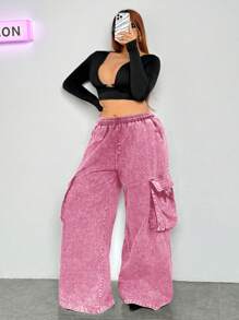 SHEIN ICON Plus Size Wide-Legged Cargo Trousers - Hot Pink - View 6